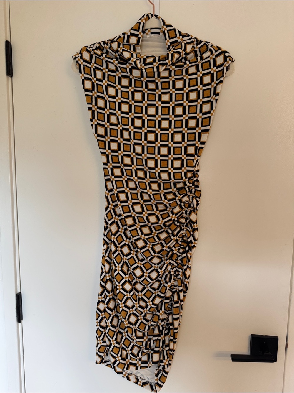 Anthropologie Geometric Cowl-Neck Ruched Midi Dress - Black, White & Gold